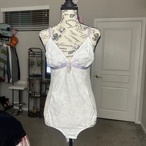 Cosmopolitan White and Purple Lace Bodysuit